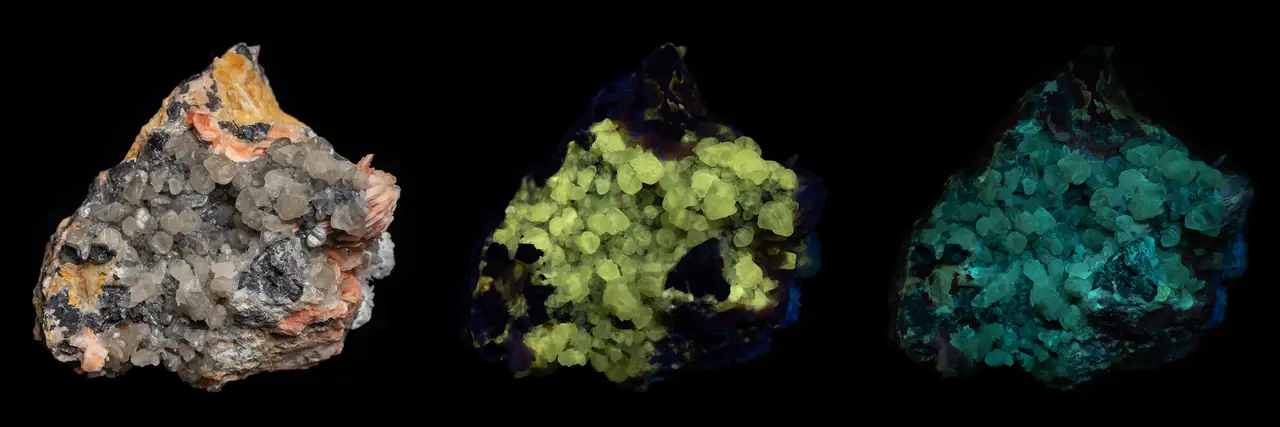 Cerussite from Mibladen, Morocco in daylight and uv-light