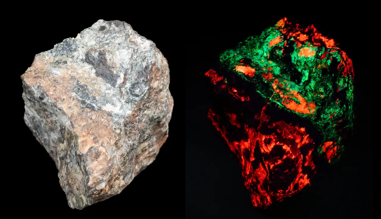 Willemite, calcite, quartz and goethite from Vrančice, Czech Republic in daylight (left) and 255 nm short-wave UV-C (right)
