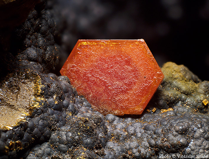 Vanadinite crystal on dark oxides from Taouz, Morocco