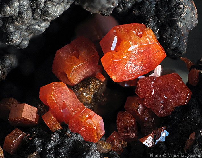 Bright colored vanadinite on black oxides from Taouz, Morocco