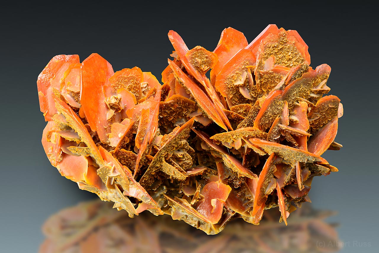 Cluster of flat orange crystals of wulfenite from Kuruktag Mountains, China