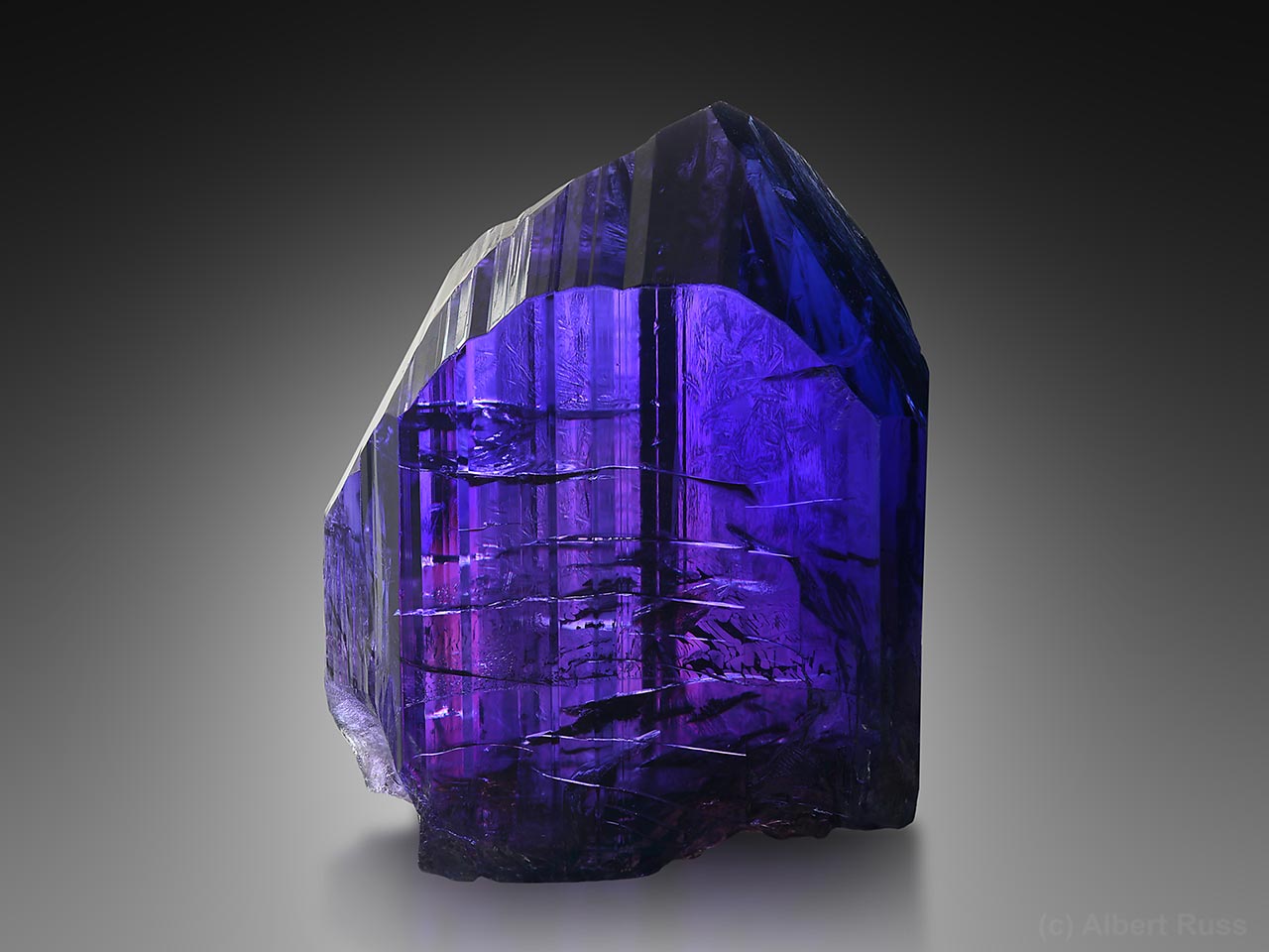 Crystal of deep blue gemmy tanzanite (variety of zoisite) from Merelani Hills, Tanzania
