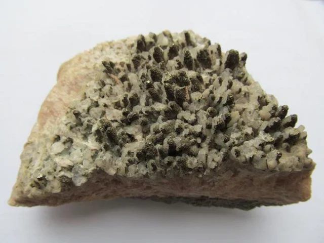 Mineral photo of Calcite, Pyrite from locality Příbram, Czech Republic
