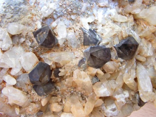Calcite, Pyrite, Quartz (var. smoky)