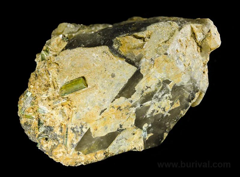 Mineral photo of Elbaite (var. verdelite), Quartz (var. smoky) from locality Dolní Bory, Czech Republic