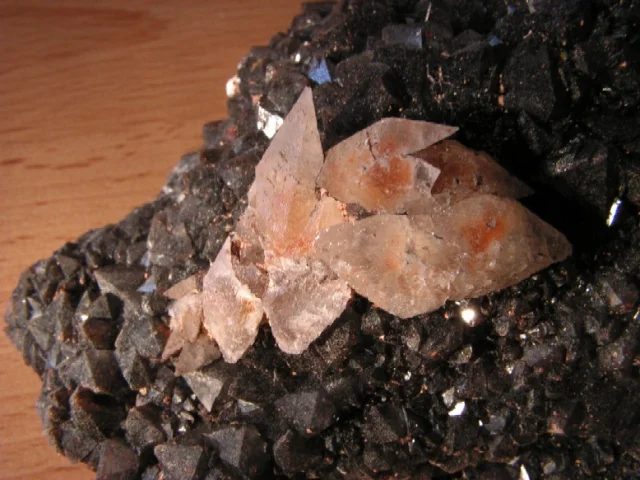 Mineral photo of Calcite, Quartz (var. morion) from locality Doubravice, Czech Republic