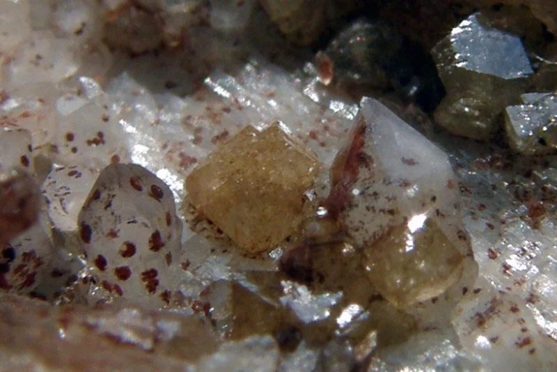 Mineral photo of Quartz, Scheelite from locality Cínovec, Czech Republic