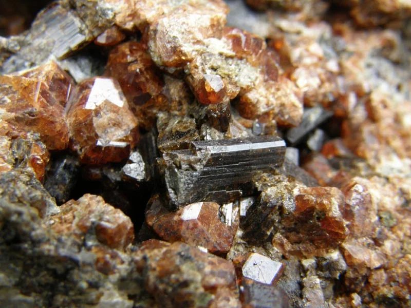 Mineral photo of Grossular (var. hessonite), Vesuvianite from locality Žulová, Czech Republic