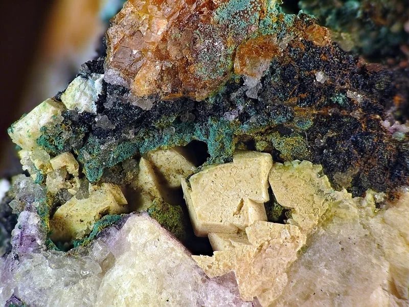 Mineral photo of Cerussite, Covellite, Fluorite from locality Niederschlag, Germany