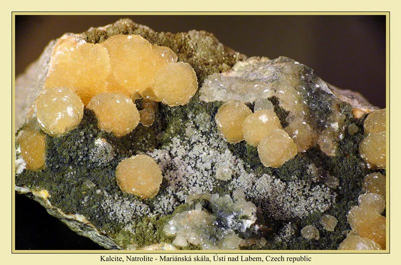 Mineral photo of Calcite, Natrolite from locality Mariánská skála, Ustí nad Labem, Czech Republic